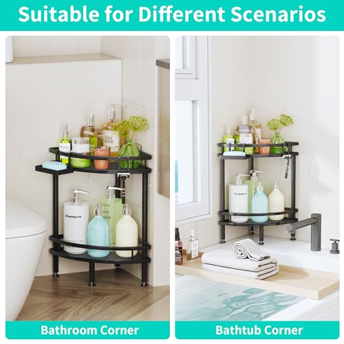 Image of HapiRm Standing Corner Shower Caddy - 2 Tier Shower Organizer Corner with Soap Holder and 2 Hooks, Rustproof Bathroom Storage Shelves with Adhesives, Black