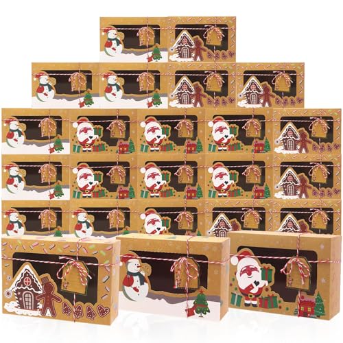 Bszatan 24 Pack Christmas Cookie Boxes with Window Large Holiday Food Bakery Treat Boxes for Gift Giving Pastry Candy Party Favors Christmas Kraft Gift Boxes with Ribbons and DIY Gift Tags