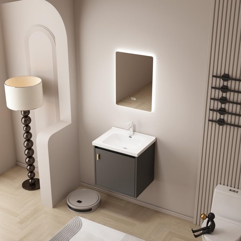 Miniatura 8 de Tocador de baño pequeño de 20 pulgadas montado en la pared, pequeño tocador de baño con fregadero de cerámica, tocador de baño moderno con cajones