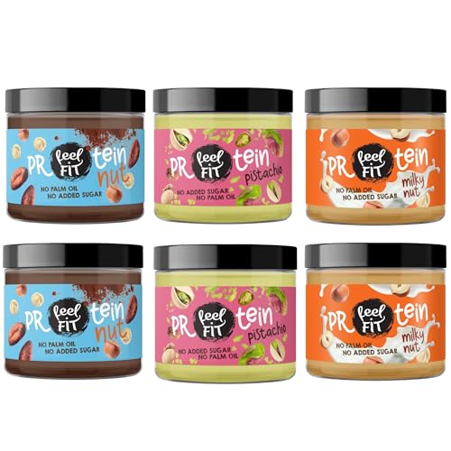 Feel Fit Mixbox Pâte à Tartiner Protéinée 6x200g – Crème Lait-Noisette, Pistache & Cacao-Noisette – Whey Protein, Low Carb, Keto, Sans sucre ajouté, Snack Santé, Chocolat, Noisettes, Pistaches