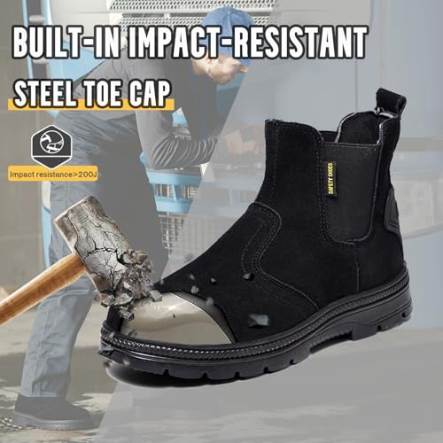 Image of Steel Toe Work Boots for Men Slip-on Welding Work Shoes | Slip Resistant, Safety Toe Boots for Men for Industrial Construction, Warehouse