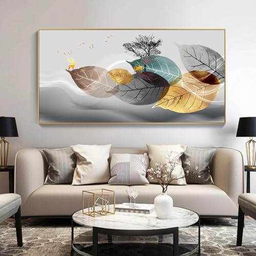 Peinture de paysage moderne de luxe grand tableau de salon feuille élan avec cadre