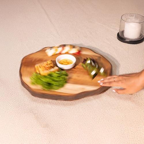 Image of Vriksha Lazy Susan Acacia Wood with Bark Edge | Rotating Serving Platter for Cheese Snacks Desserts | Round Wooden Turntable for Dining