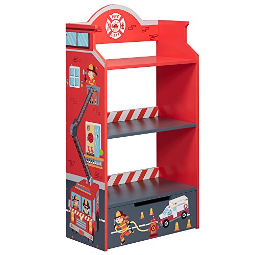 Fantasy Fields - Little Fire Fighters Themed Kids Sturdy Wooden Bookshelf with Storage , Tier Shelves Bookcase and 1 Toy Storage Drawer, Red - Thumbnail 5