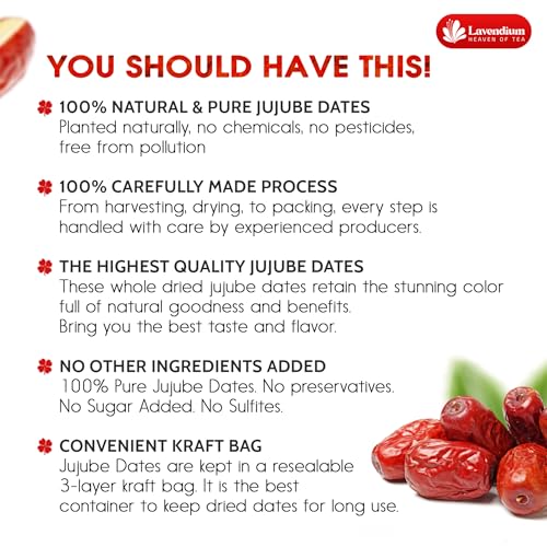 Image of Lavendium, Premium 25oz Dried Jujube Dates, 100% Natural & Pure Red Dates, No Additives or Preservatives, Non-GMO, Gluten-Free, Plant-Based & Vegan, Perfect for Snacking, Tea & Cooking
