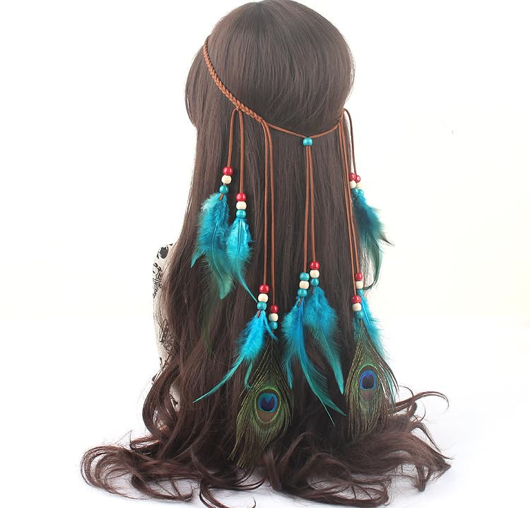 Miniatura 3 de Gangel Diadema de plumas turquesas, diadema de plumas indias hippie con plumas de pavo real, borla, cuerda de cáñamo para festival, diadema de