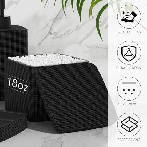 Matte Black Bathroom Accessories Set 5 Pieces, Resin Toothbrush Holders Set Complete with Soap Dispenser, Toothbrush Holder, Vanity Tray, Bathroom Tumbler and Qtip Holder for Small Spaces