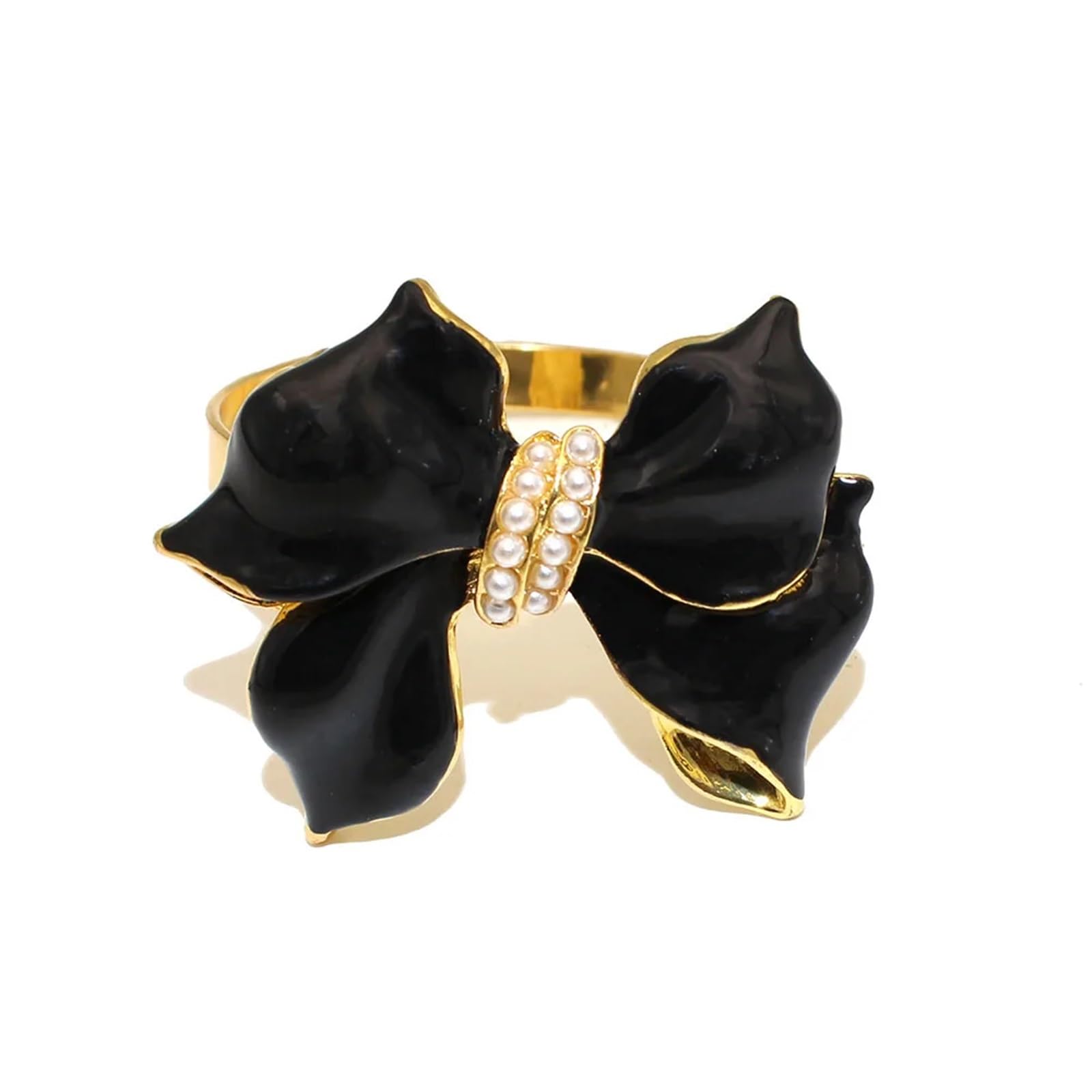 Usohjz Black 12Pcs White Bow Napkin Ring Bowknot Pearl Holder Buckle