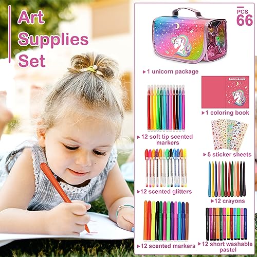 Unicorns Gifts For Girls 4 5 6 7 8 Year Old, 66Pcs Coloring Markers Kit With Unicorn Pencil Case, Girl Toys Unicorn Art Supplies Scented Markers For Kids, Birthday Christmas Gifts For 4-9 Years Girls #TOP1