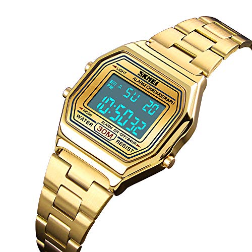 Digital Watch Womens Thin Gold Stainless Steel Watch Backlight Timer Waterproof Alarm Clock LED Sports Watch (Gold)2