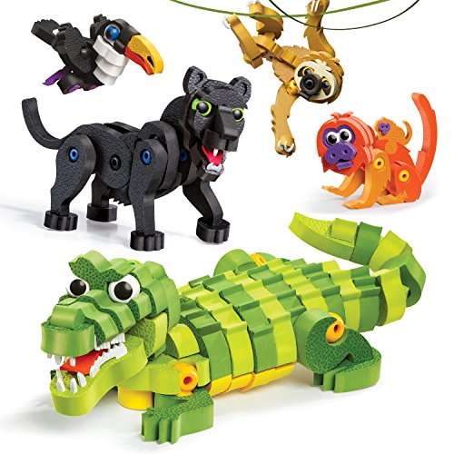 Bloco Toys Tropical Rainforest Animals | STEM Toy | Panther, Caiman, Sloth, Tamarin & Toucan | DIY Educational Building Construction Set (220 Pieces)