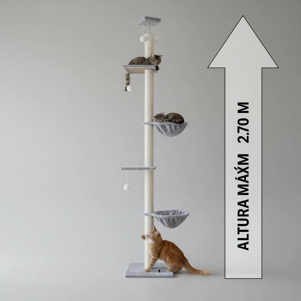 Árbol Rascador para Gatos de Suelo a Techo, Gris, 40x30x240-270cm, Poste de 6cm de Grosor con Tornillo de 8mm, Mueble Vertical con Plataformas y Hamacas