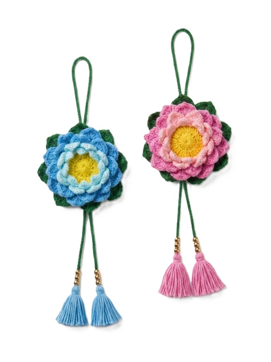 Art Appetite Handcrafted Crochet Lotus Charm Set (2- Pack) – Aesthetic Pink & Blue Flower Hanging Decor for Handbags, Purses, Car Rearview Mirror, and Bohemian Home Accent-image-33
