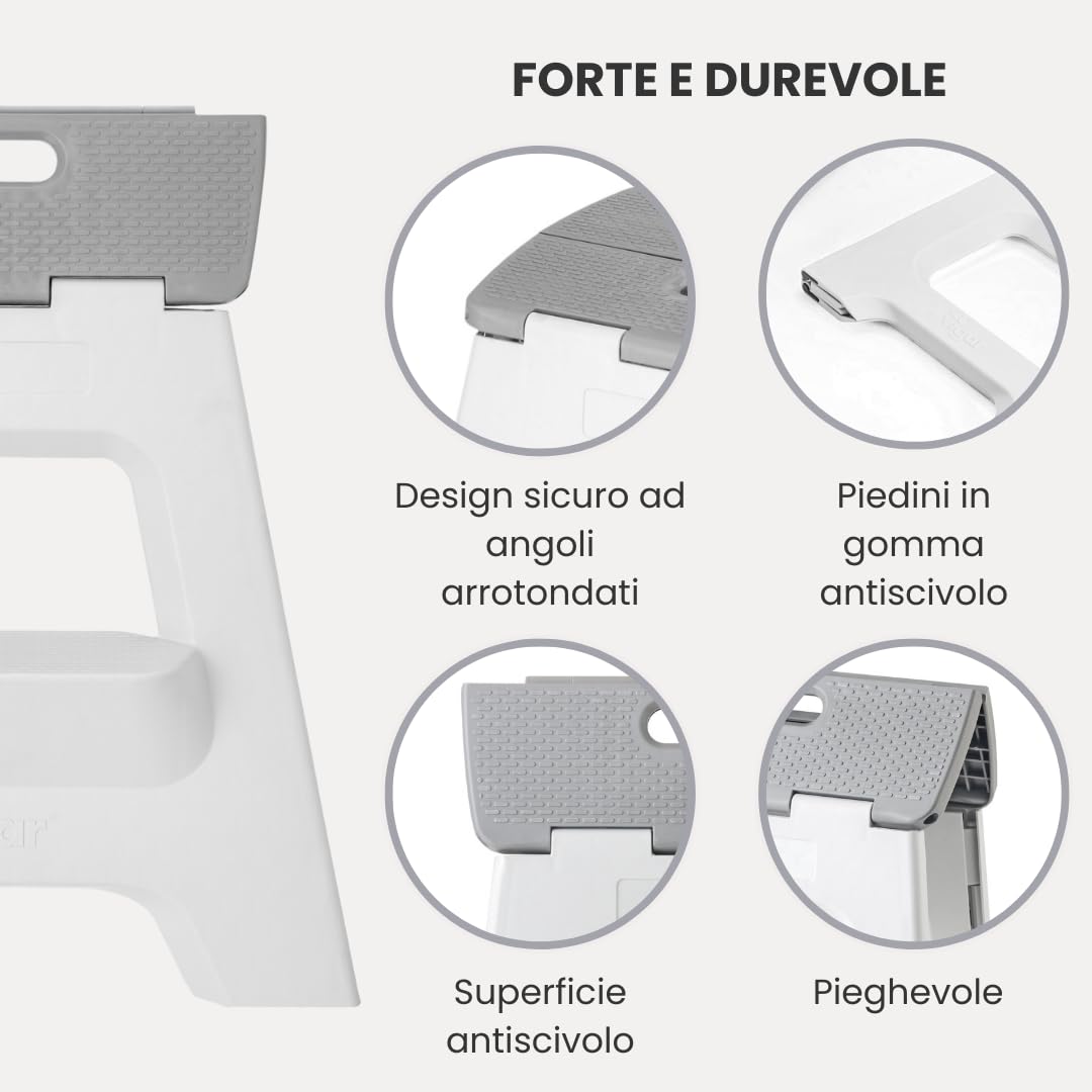 Vigar Compatto Sgabello Pieghevole per Adulti, 40 cm, 2 Gradini, Sgabello Pieghevole Portatile Antiscivolo per Casa, Cucina, Bagno, Campeggio, Doccia, Supporta fino a 150 kg, Grigio