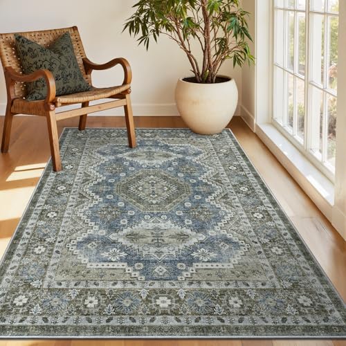 Rugland 4x6 Rug - Stain Resistant Washable Rug, Anti Slip Backing Rugs for Living Room, Vintage Tribal Area Rugs (TPR07-Green, 4'x6')