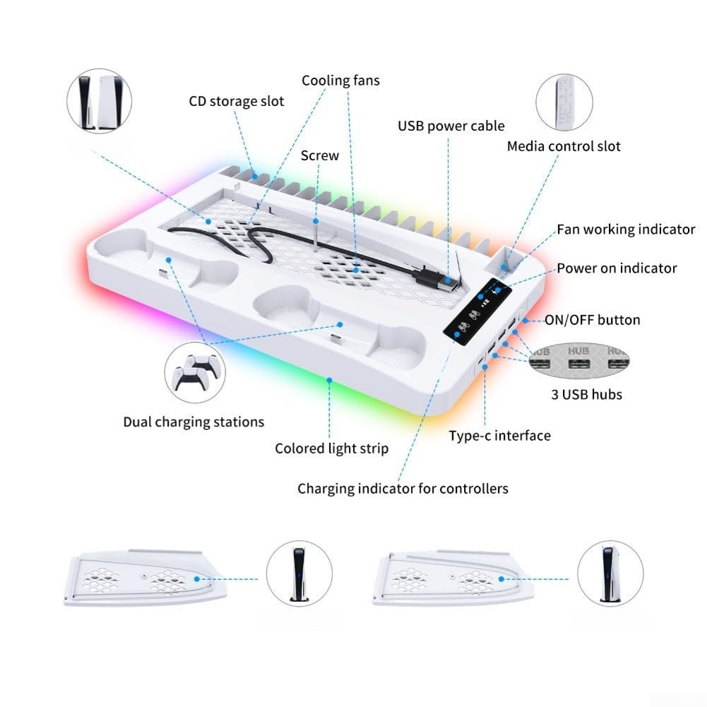 per PS5 Pro Slim Base di raffreddamento con luce RGB per PS5 Pro Slim | Efficiente dissipazione del calore, previene il surriscaldamento, prolunga la vita della console, funzionamento silenzioso