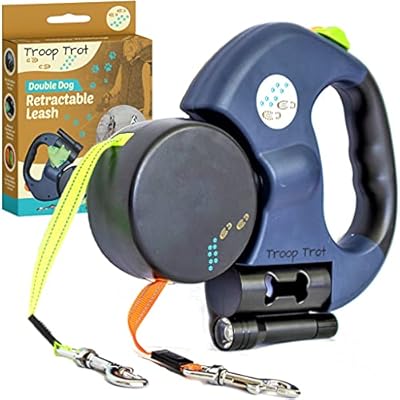 Troop Trot - Double Dog Lead for Walking 2 Dogs No Tangle - Double Retractable Dog Lead - Double Lead for Small/Medium Dogs - 22 kg per dog - 3 m long - Dual Dog Lead with Light & Bag Holder