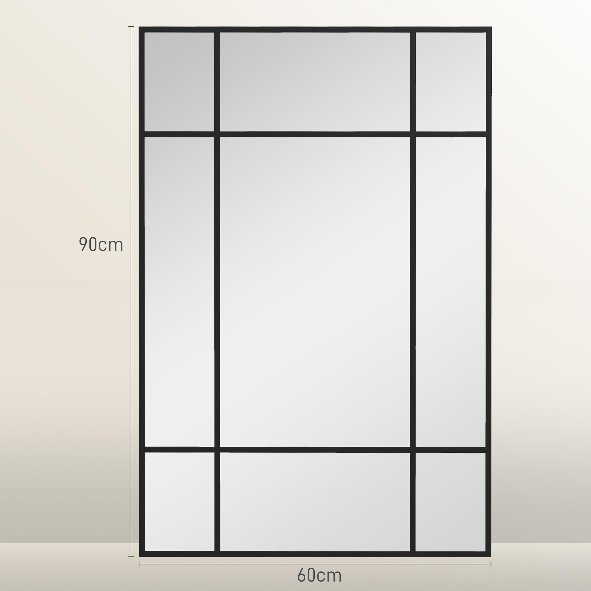 HOMCOM Miroir Mural verrière rectangulaire Style fenêtre, Horizontal ou Vertical avec 4 Crochets, en métal Noir - 90x60 cm