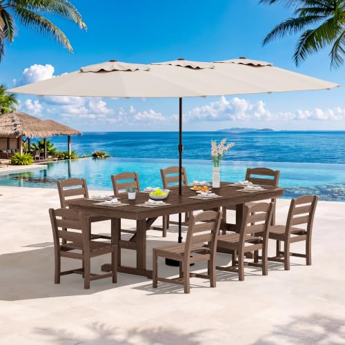 Image of SERWALL 10 Piece Outdoor Dining Set with 15ft Triple-Head Foldable Umbrella(Based not Included), 84 inch HDPE Outdoor Table and Armless Chairs Set for 8, Brown