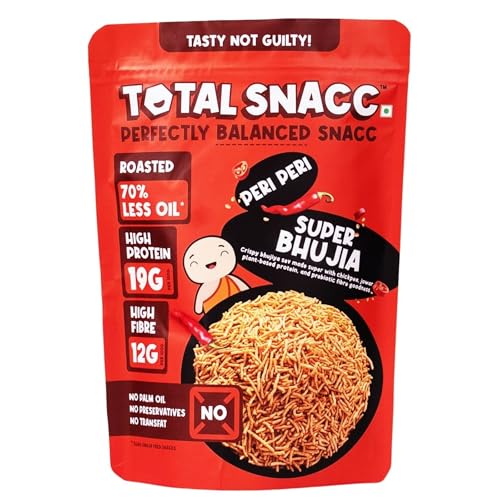 Image of TOTAL SNACC Roasted Bhujia Peri Peri 250g | High Protein 19g, High Fibre 12g | 70% Less Oil | No Palm Oil | Baked Bhujiya | Healthy Namkeen | High Protein Snacks | Diabetic Friendly | Millet Bhujia | Low Calorie