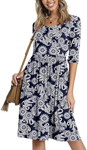 CATHY Women's 3/4 Sleeve 2023 Casual High Waist Round Neck Midi Dress with Pockets, 2XL, Sun Flower