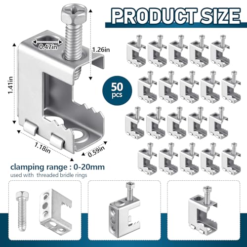 Image of Tandefio 50 Pcs 1 /4 inch-20 Spring Steel Beam Clamps Metal Beam Hangers Bolt on Clamp for Installation on Beams 1 /4 inch and 3 /8 inch Threaded Rod, S Hooks Bridle Rings for Pipe Cable Woodworking Tool (Silver)