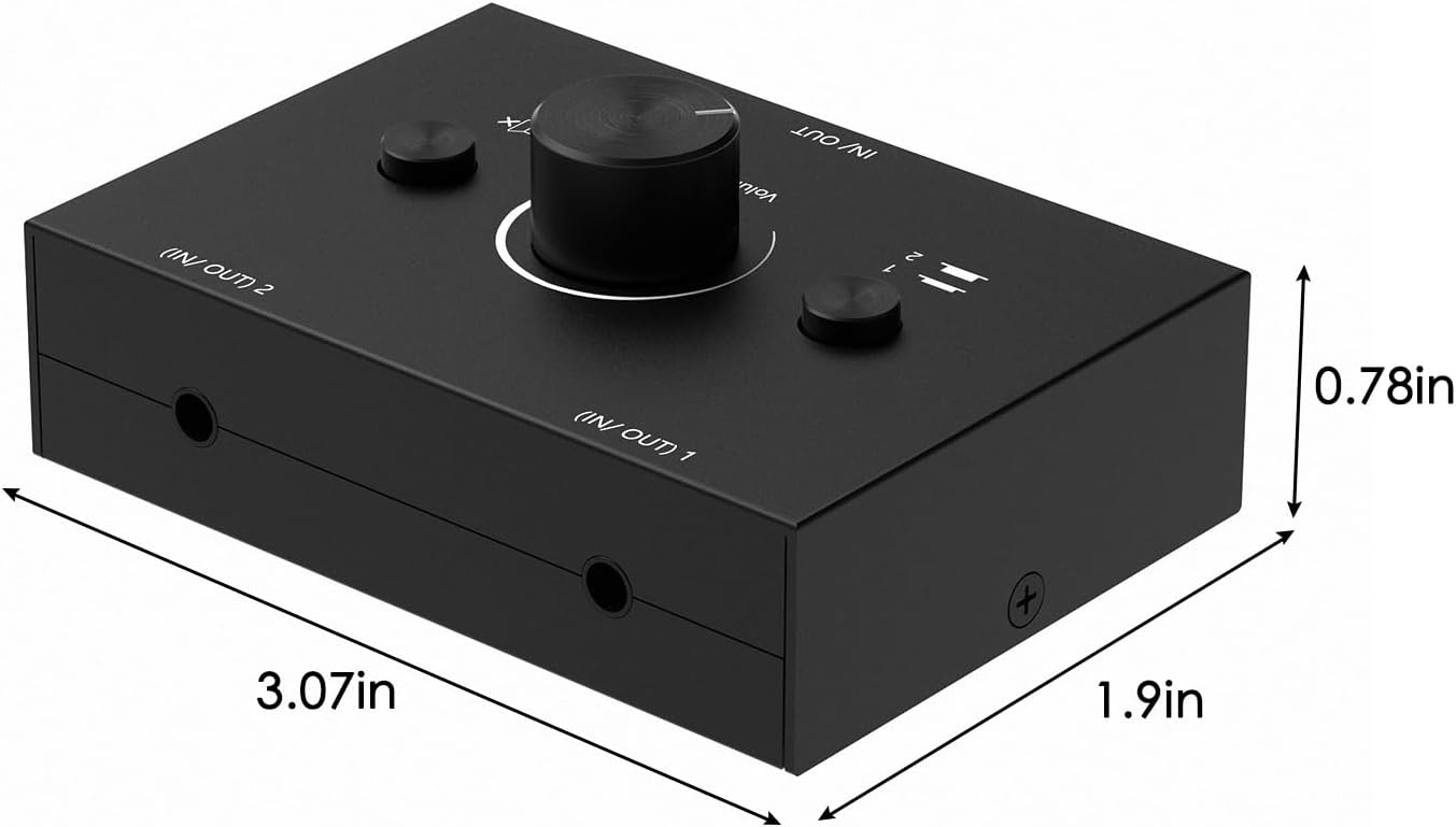 Dingsun 3.5mm Audio Switch, Stereo Audio Selector Box Passive Speaker Headphone Manual Selector with Volume Control (1 in-2 Out/ 2 in-1 Out)