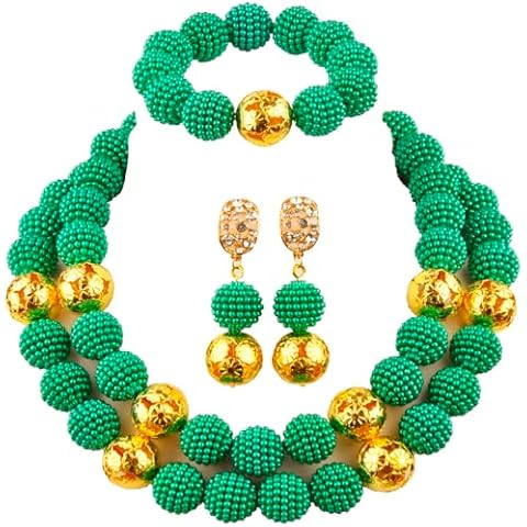 aczuv Nigerian Wedding Set Simulated Pearl Bead African Necklace Set Jewelry (Army Green) Cover