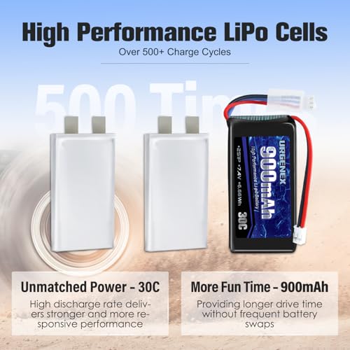 Image of SCX24 Battery 7.4V Lipos 2S 30C(Burst 60C) 900mAh Rechargeable Lithium Battery with PH2.0 Plug Compatible with Most 1 /10, 1 /16, 1 /18, 1 /24 Scale RC Cars Trucks with 1TO2 USB Charger