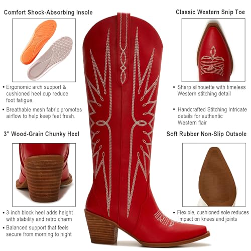 Wide Calf Cowboy Boots for Women – Western Knee High Cowgirl Boots, Snip Toe Pull-On Style, 3" Wood-Grain Block Heel, Classic Embroidered Pattern3