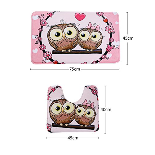 Amagical 3 Piece Bathroom Mat Set And Shower Curtain Set Bathroom Non-Slip Lovely Owl Pedestal Rug + Bath Mat Pink With 12 Hooks #TOP2