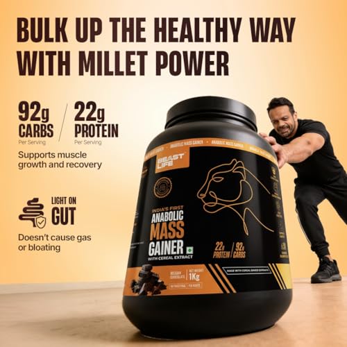 Image of Beast Life High Protein Mass /Weight Gainer | 1 KG | Belgian Chocolate with Free Shaker | NABL LAB Tested | For Muscle Gain & Fast Growth | Cereal-Based Formula, No Maltodextrin | India's #1 Cereal Based Bulk Gainer