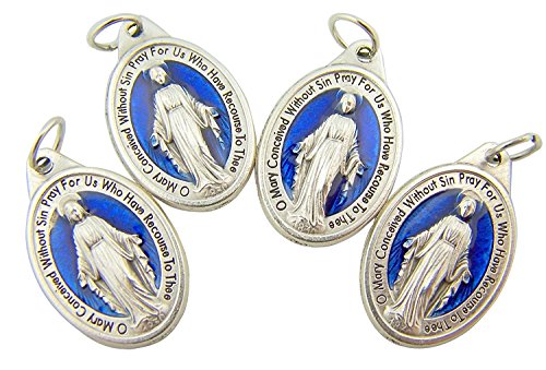 Religious Gifts Men's or Women's Catholic Silver Tone and Royal Blue Miraculous Medal Mary Devotional Charm Pendant, Set of 4