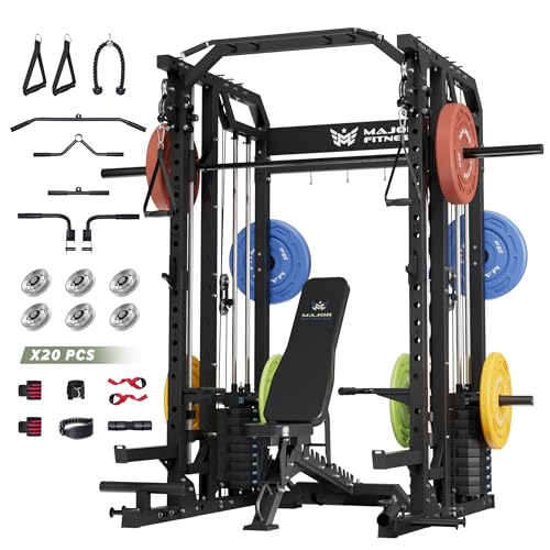 Major Fitness Smith△ Machine Drone2 Premium, All-in-One Home Gym Squat Rack with Aluminum Pulley Set , Weight Bar, Dual LAT Pull-Down Systems (BK D2AW+BK Bench+ CF 230LB)