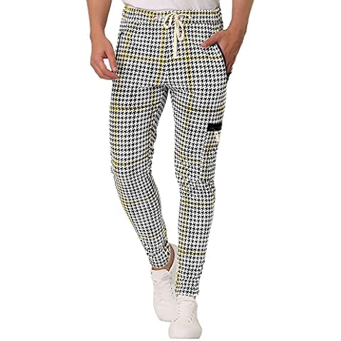 Lars Amadeus Men's Hip Hop Houndstooth Plaid Track Pants Drawstring Athletic Jogger Sweatpants Yellow 30 Cover