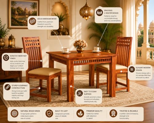 Image of Sheesham Wood 2 Seater Dining Table with Cushion Chair 2 Seater Wooden Dining Room Set Dinner Table Furniture for Living Room Home Restaurant 32x32x29 inch
