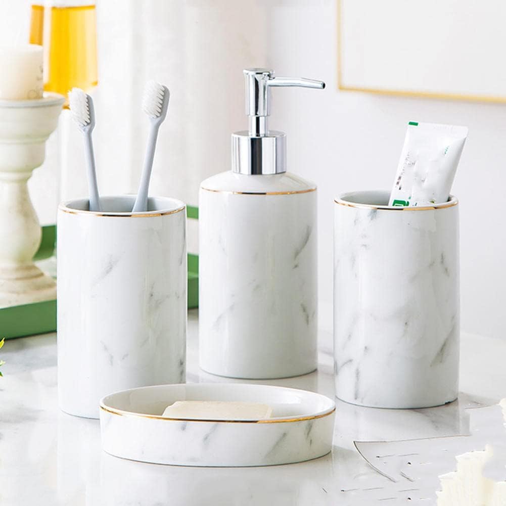 Set di Accessori per Il Bagno Bianco, Accessori per Il Bagno in Ceramica Marmorizzata con Dispenser di Sapone E Portasapone, 4-Piece