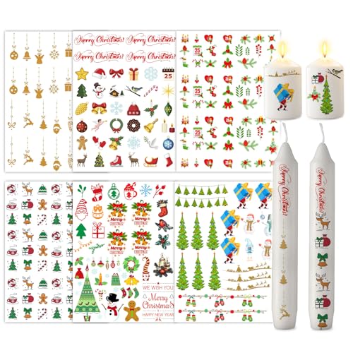 ALLAVA 6 Stück Kerzentattoos Weihnachten(200+ Muster) Wasserschiebefolie Kerzen Kerzensticker Kerzenfolie für Kerze Tasse DIY Geschenk Kerzen Dekorieren Kerzensprüche