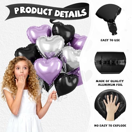 Image of Purple and Black Heart Balloons, 10 Pcs Light Purple Silver Heart Shape Foil Balloon 18 Inch Birthday Balloons for Girls Princess Theme Birthday Wedding Valentines Baby Shower Party Decoration