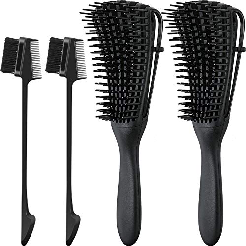 2 Pieces Detangling Brush Detangler and 2 Pieces Edge Brush Double Sided Hair Comb, Clean Knots for 3a to 4c Hair Textured Kinky Wavy Curly Wet Dry Oil Matted Hair (Black)