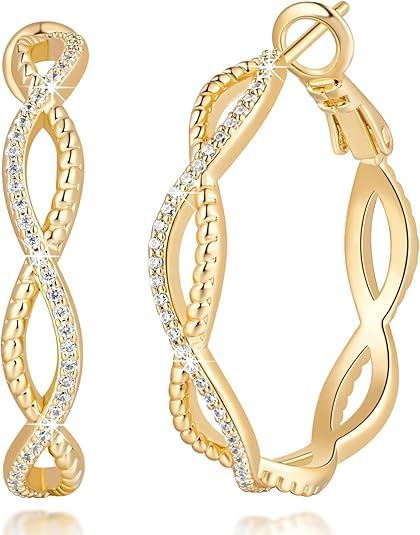 14K Gold Earrings for Women Gold Hoop Earrings for Women Twisted Hoop Earring for Womens Hoops with Cubic Zirconia Lightweight Hoops Earring for Womens