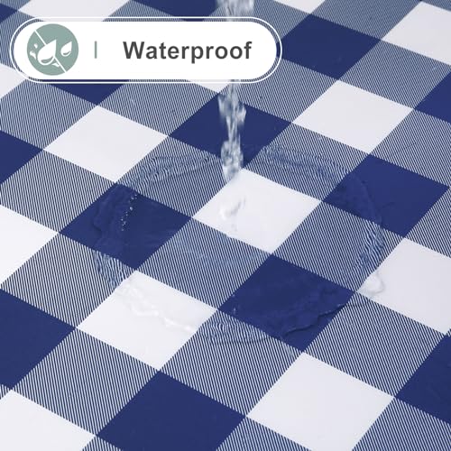 Image of misaya Oval Waterproof Vinyl Table Cloth, Buffalo Flannel Backed Tablecloth, Wipeable Plastic Table Cover for Dinner, Kitchen, Outdoor (60 inch x 102 inch, White and Navy)