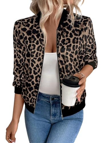 GORGLITTER Chaqueta de mujer otoño elegante chaquetas con estampado de leopardo chaqueta bomber ligera cuello de béisbol chaquetas con cremallera chaqueta de entretiempo chaqueta casual, Marrón moca