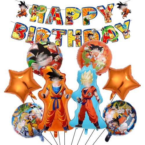 9 peças decorações de aniversário com tema de anime para crianças, balões de aniversário, estrela de cinco pontas, personagens de anime e balões redondos, ideal para decorações de festa de crianças