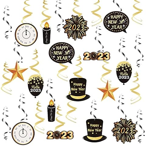 30PCS New Year Hanging Decorations 2023 Ceiling Decorations New Years Ball Themed Supplies Home Office Interior New Years eve Black and Gold Party Celebration Holiday Happy New Year Banner Cover