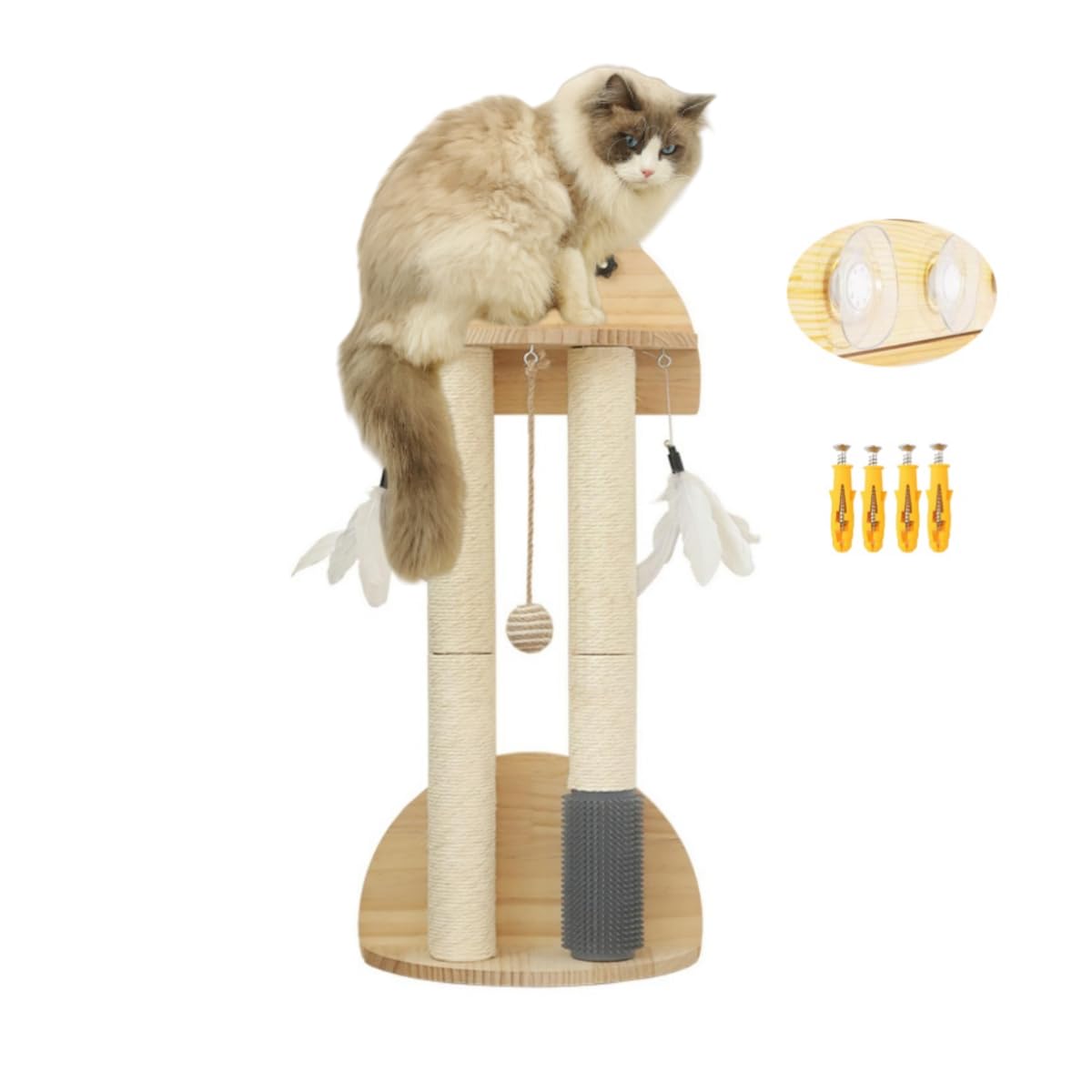 SHENGOCASE Tiragraffi da parete in legno naturale con ventose, giocattolo a forma di palla di piume e toelettatura, mobili da parete per gatti