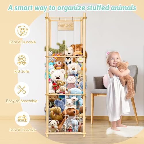 حامل خشبي لتخزين الحيوانات المحشوة من سوبريوتس، حامل منظم من القطيفة مع حبال مرنة ورف لغرف الاطفال وغرف اللعب وغرف النوم، مثالي كهدية عيد ميلاد