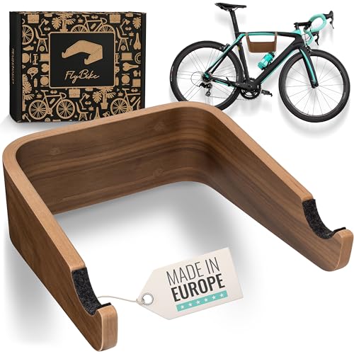madeco Fahrrad Wandhalterung Holz - FlyBike S Nussbaum - Design Fahrradhalterung Wand Aufhängung für Wohnung - Rennrad, Gravel Bike, Mountainbike, Fixie, Singlespeed Fahrradhalter