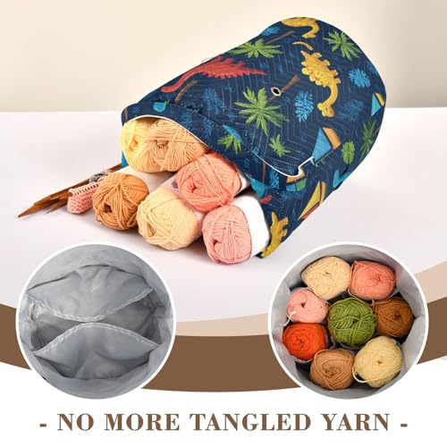 Image of Tatenale Crochet Bag Yarn Bag Knitting Project Bag with Pockets and Handle Portable Yarn Storage Organizer Tangle Free 8.3x11 InchTropical Leaves and Multicolored Dinosaurs34