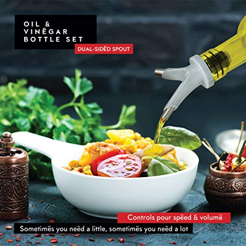 DWËLLZA KITCHEN Oil and Vinegar Dispenser Set - Olive Oil Dispenser Bottles for Kitchen - with Two Extra Drip Free Spouts and Funnel - 17 Oz 500 ML Glass Bottle Containers with Stainless Steel Rack